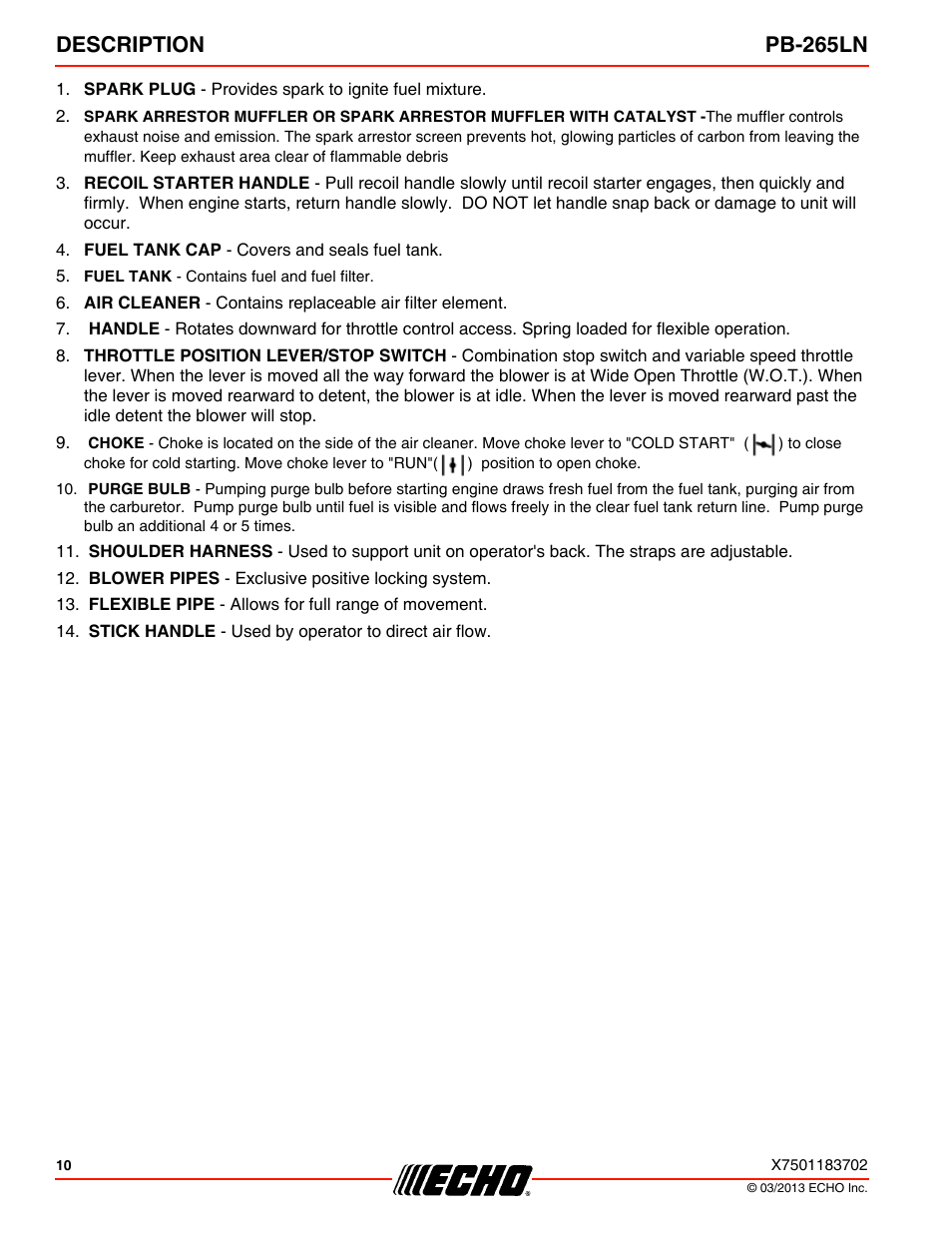 Description pb-265ln | Echo PB-265LN User Manual | Page 10 / 32