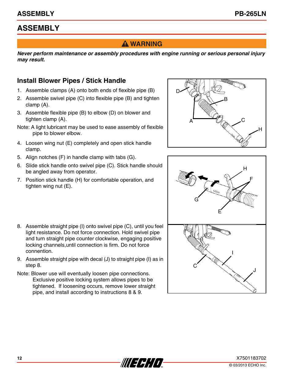 Assembly, Install blower pipes / stick handle, Assembly pb-265ln | Echo PB-265LN User Manual | Page 12 / 32