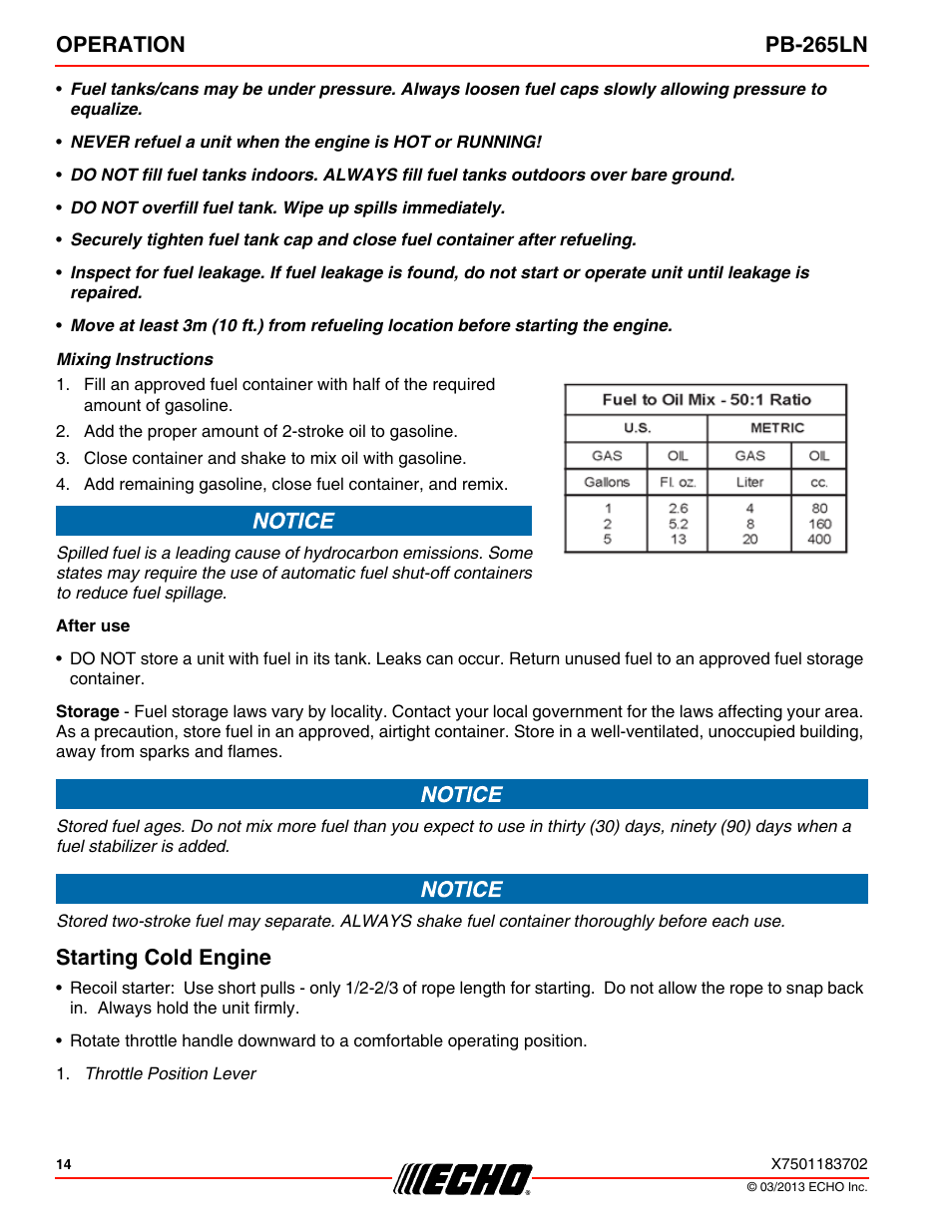 Starting cold engine, Operation pb-265ln | Echo PB-265LN User Manual | Page 14 / 32