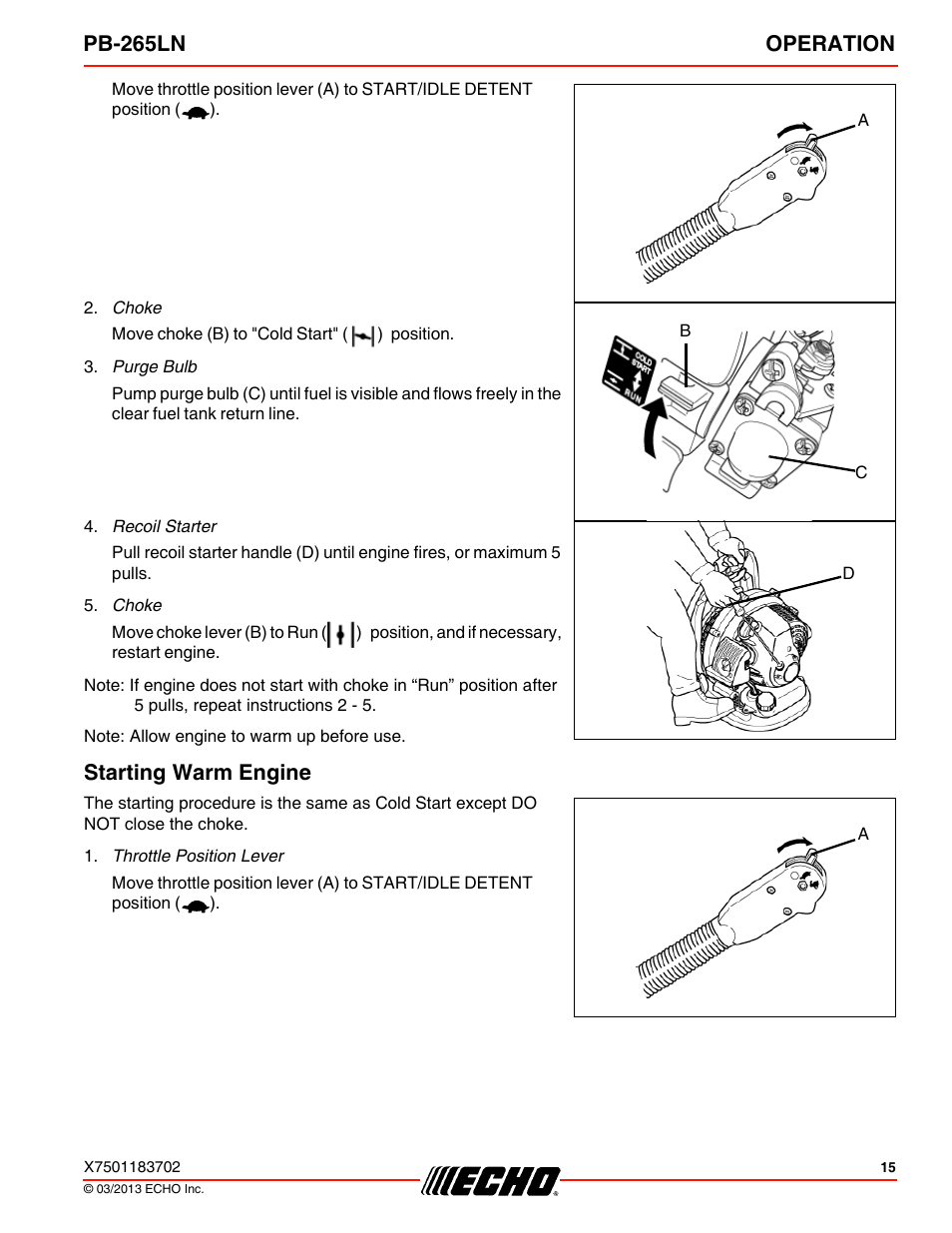 Starting warm engine, Pb-265ln operation | Echo PB-265LN User Manual | Page 15 / 32