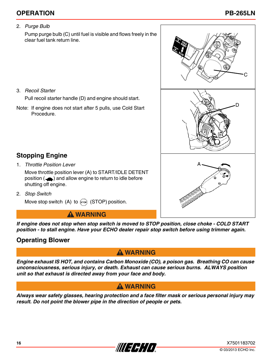 Stopping engine, Operating blower, Stopping engine operating blower | Operation pb-265ln | Echo PB-265LN User Manual | Page 16 / 32