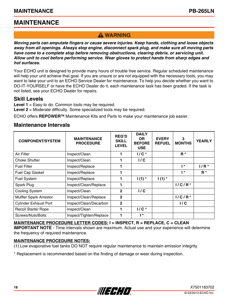 Maintenance, Skill levels, Maintenance intervals | Skill levels maintenance intervals, Maintenance pb-265ln | Echo PB-265LN User Manual | Page 18 / 32