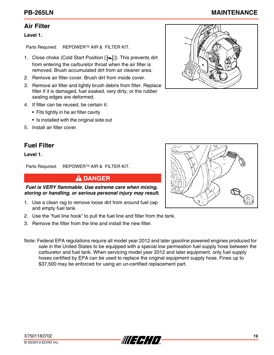 Air filter, Fuel filter, Air filter fuel filter | Pb-265ln maintenance | Echo PB-265LN User Manual | Page 19 / 32