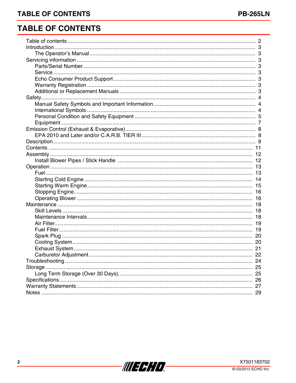 Echo PB-265LN User Manual | Page 2 / 32