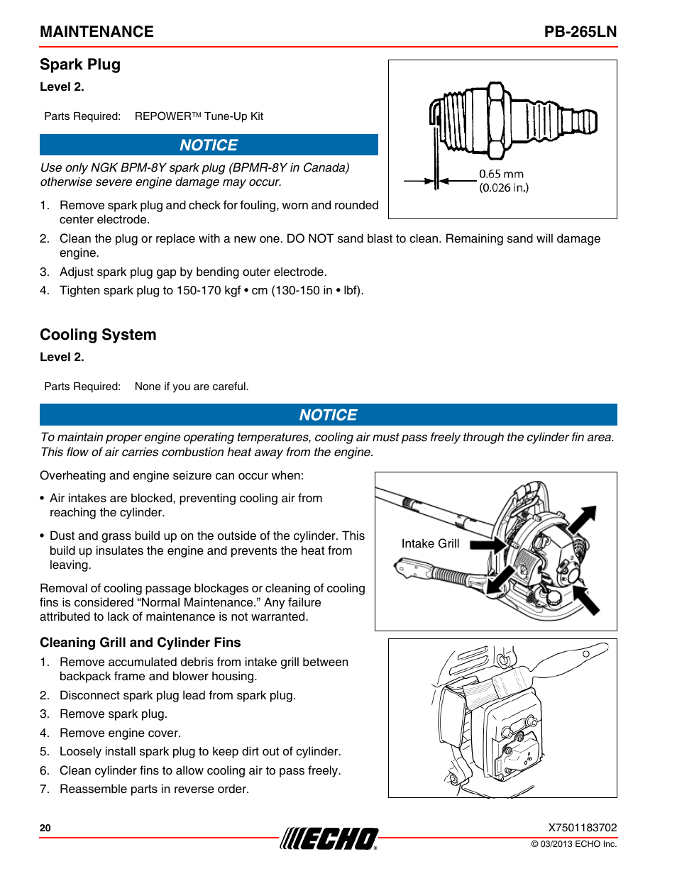 Spark plug, Cooling system, Cleaning grill and cylinder fins | Spark plug cooling system, Maintenance pb-265ln spark plug | Echo PB-265LN User Manual | Page 20 / 32