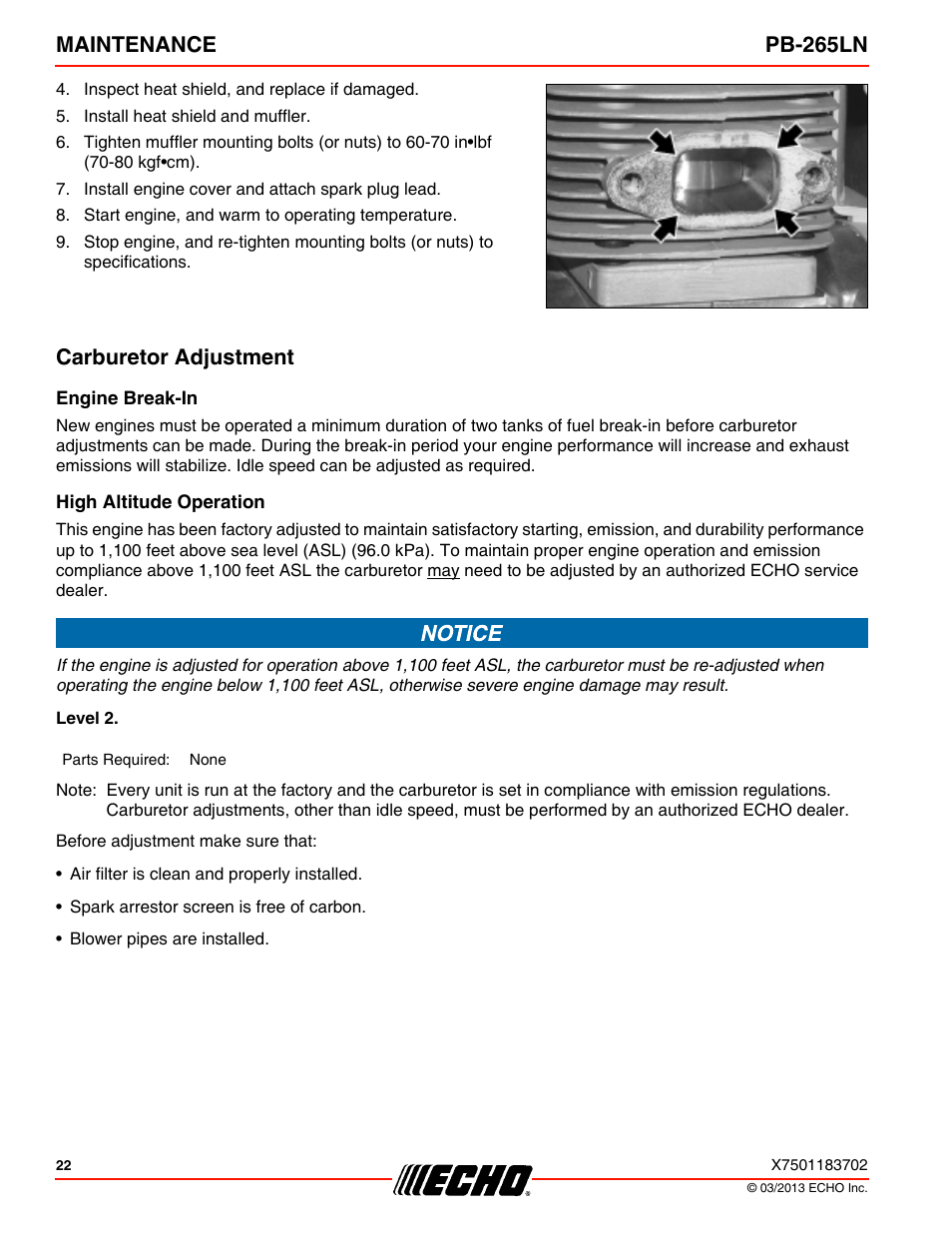 Carburetor adjustment, Engine break-in, High altitude operation | Maintenance pb-265ln | Echo PB-265LN User Manual | Page 22 / 32