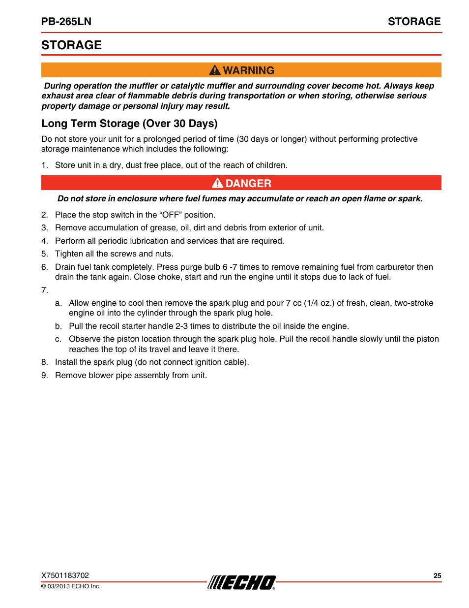 Storage, Long term storage (over 30 days), Pb-265ln storage | Echo PB-265LN User Manual | Page 25 / 32