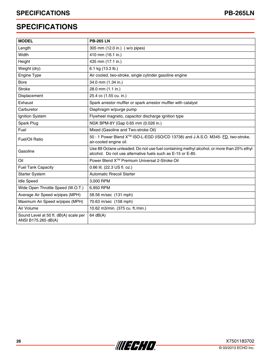 Specifications, Specifications pb-265ln | Echo PB-265LN User Manual | Page 26 / 32