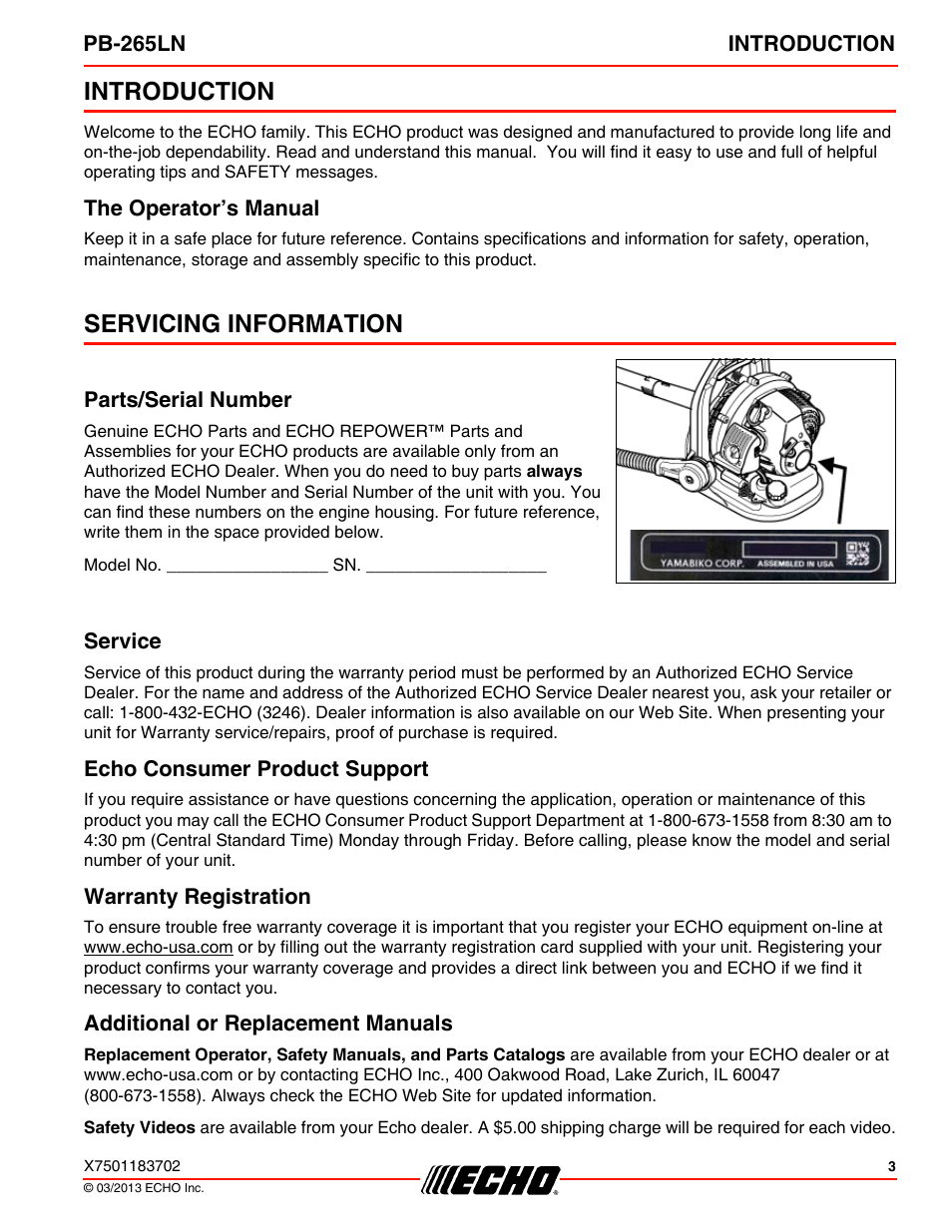 Introduction, The operator’s manual, Servicing information | Parts/serial number, Service, Echo consumer product support, Warranty registration, Additional or replacement manuals | Echo PB-265LN User Manual | Page 3 / 32