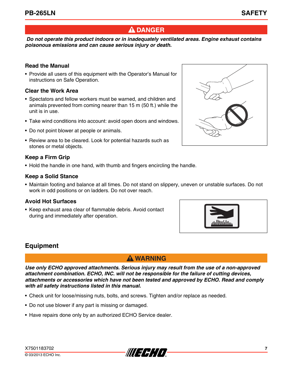 Read the manual, Clear the work area, Keep a firm grip | Keep a solid stance, Avoid hot surfaces, Equipment, Pb-265ln safety | Echo PB-265LN User Manual | Page 7 / 32