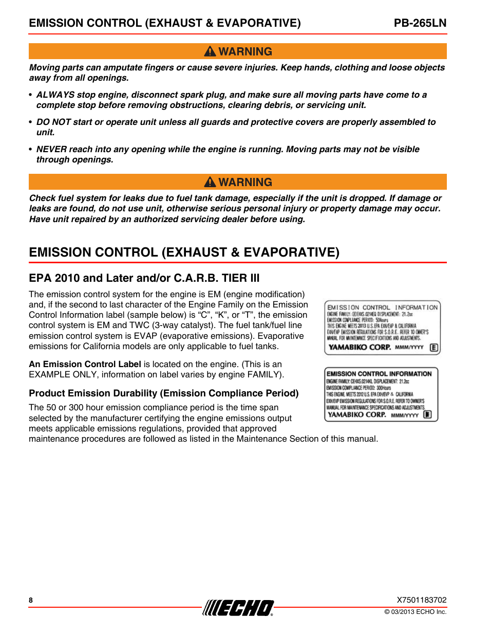 Emission control (exhaust & evaporative), Epa 2010 and later and/or c.a.r.b. tier iii, Emission control (exhaust & evaporative) pb-265ln | Echo PB-265LN User Manual | Page 8 / 32