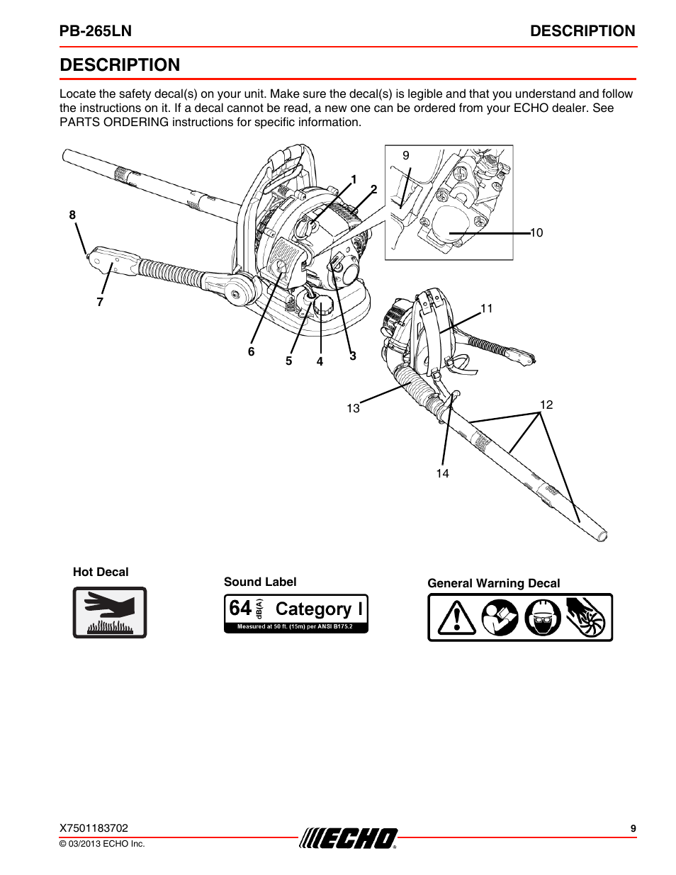 Description, Pb-265ln description | Echo PB-265LN User Manual | Page 9 / 32