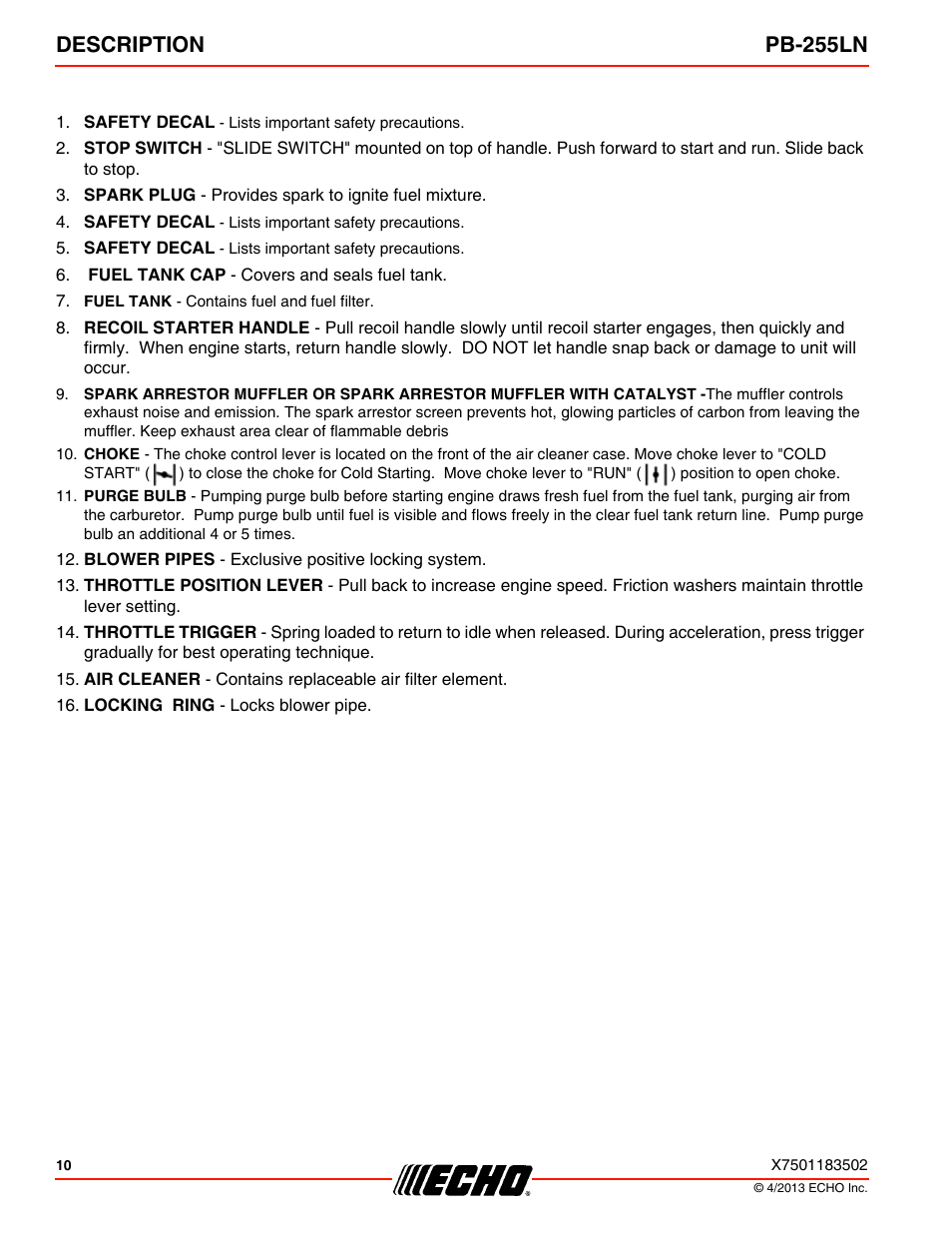 Description pb-255ln | Echo PB-255LN User Manual | Page 10 / 36