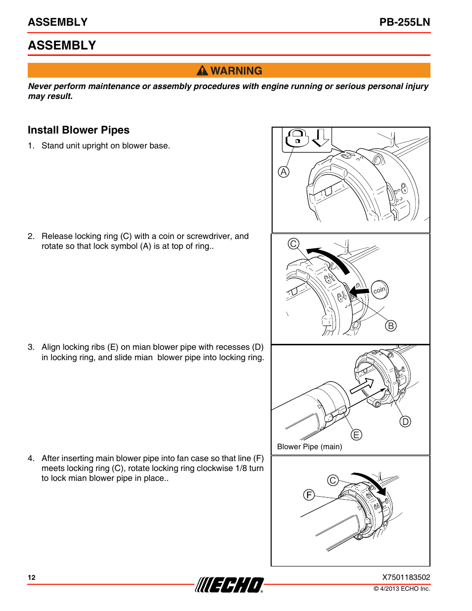 Assembly, Install blower pipes, Assembly pb-255ln | Echo PB-255LN User Manual | Page 12 / 36