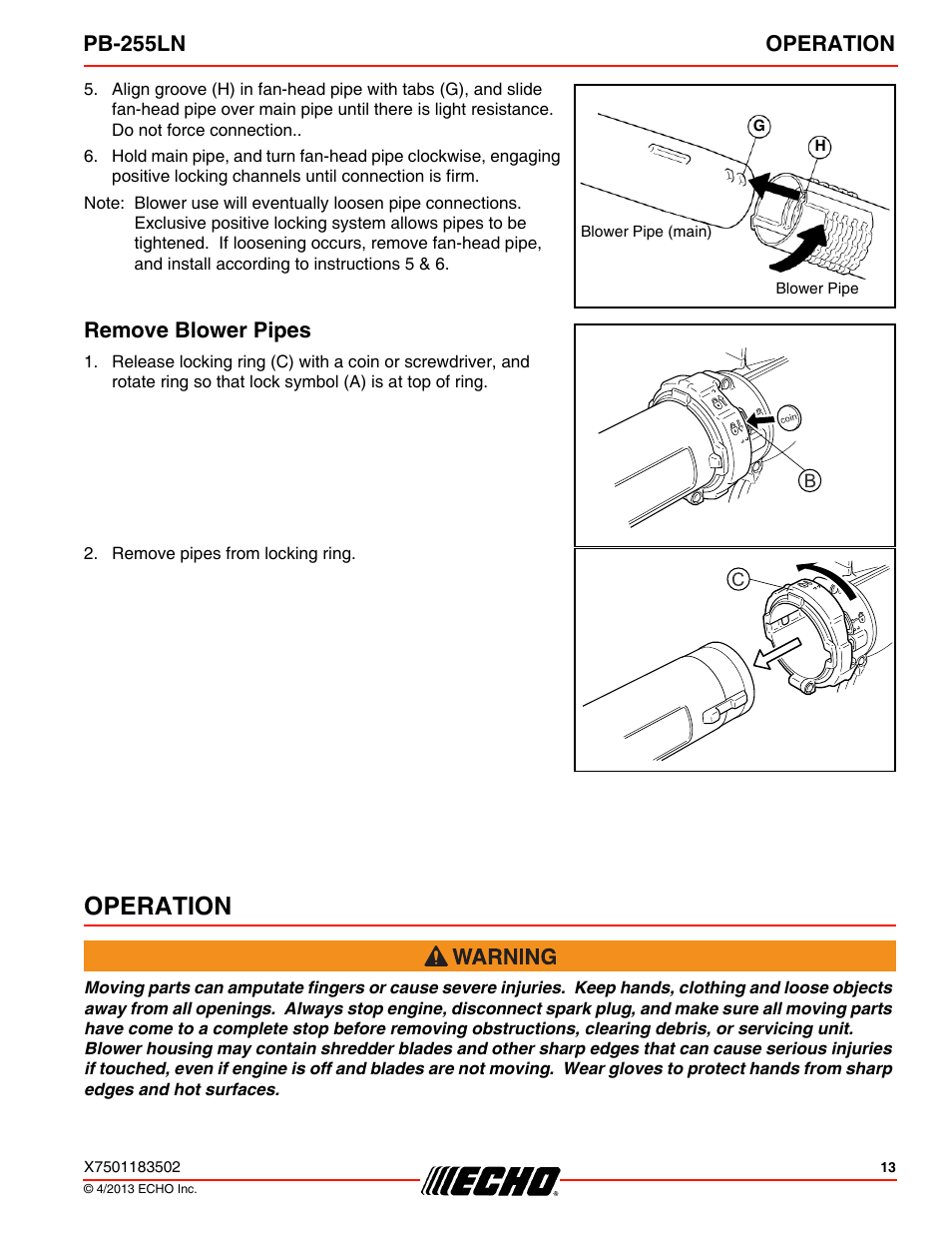 Remove blower pipes, Operation, Pb-255ln operation | Echo PB-255LN User Manual | Page 13 / 36