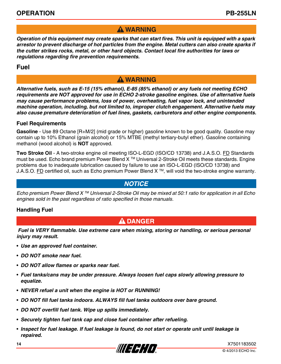 Fuel, Fuel requirements, Handling fuel | Operation pb-255ln | Echo PB-255LN User Manual | Page 14 / 36