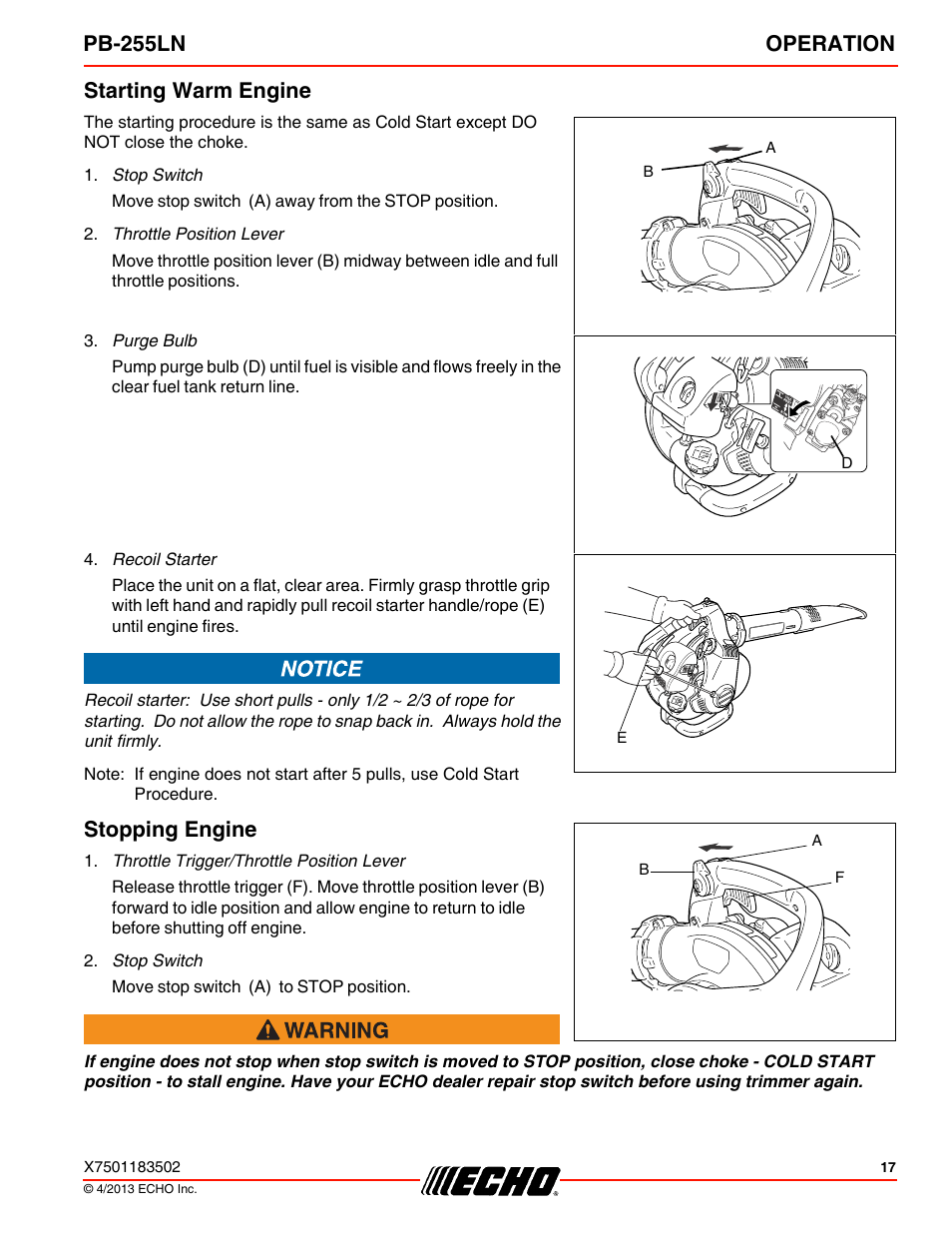 Starting warm engine, Stopping engine, Starting warm engine stopping engine | Pb-255ln operation | Echo PB-255LN User Manual | Page 17 / 36