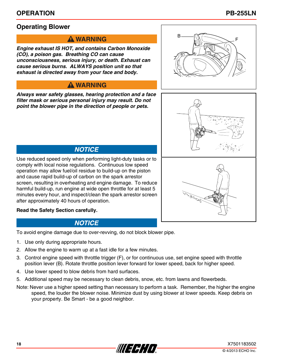 Operating blower, Operation pb-255ln operating blower | Echo PB-255LN User Manual | Page 18 / 36