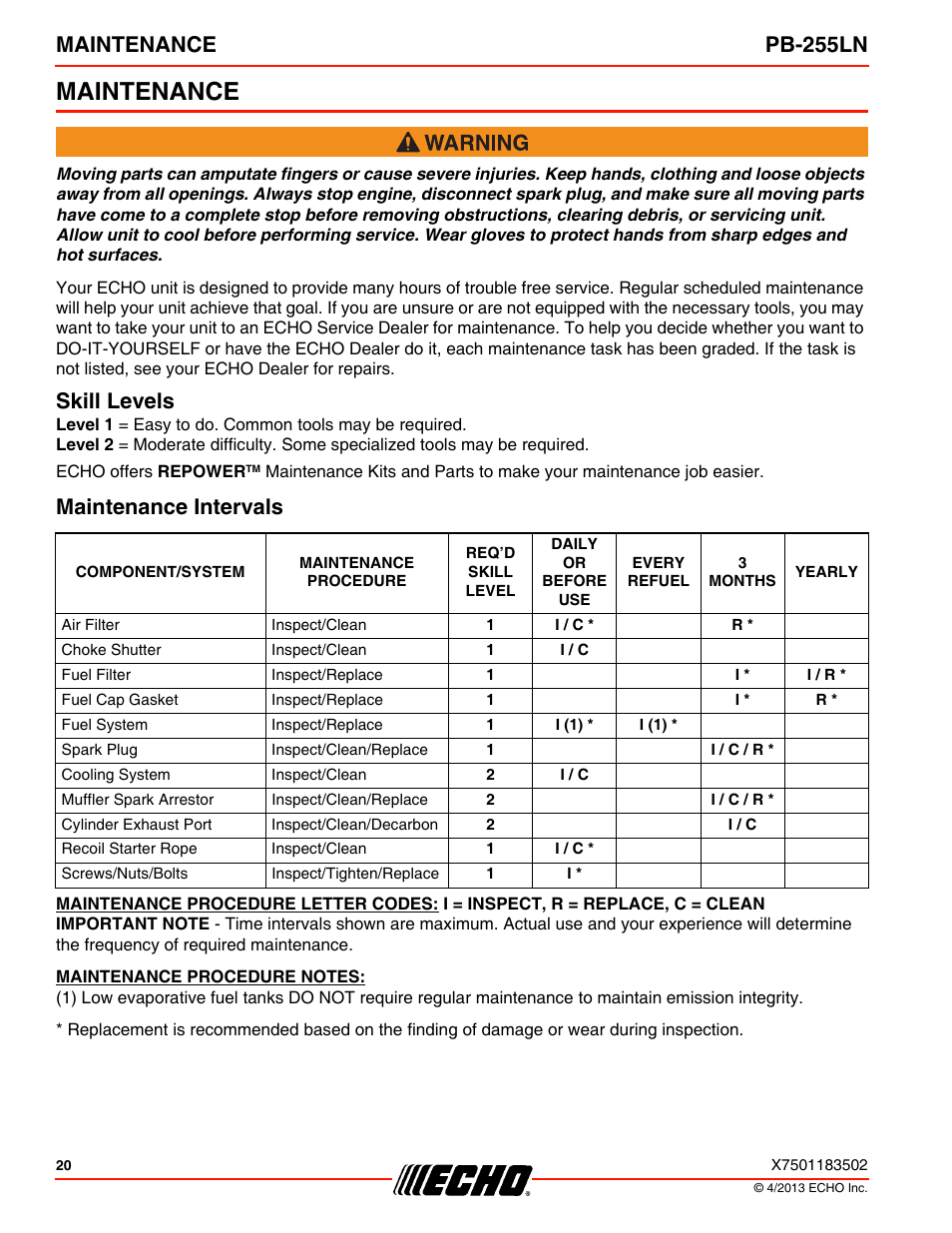 Maintenance, Skill levels, Maintenance intervals | Skill levels maintenance intervals, Maintenance pb-255ln | Echo PB-255LN User Manual | Page 20 / 36