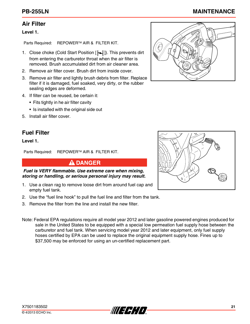 Air filter, Fuel filter, Air filter fuel filter | Pb-255ln maintenance | Echo PB-255LN User Manual | Page 21 / 36