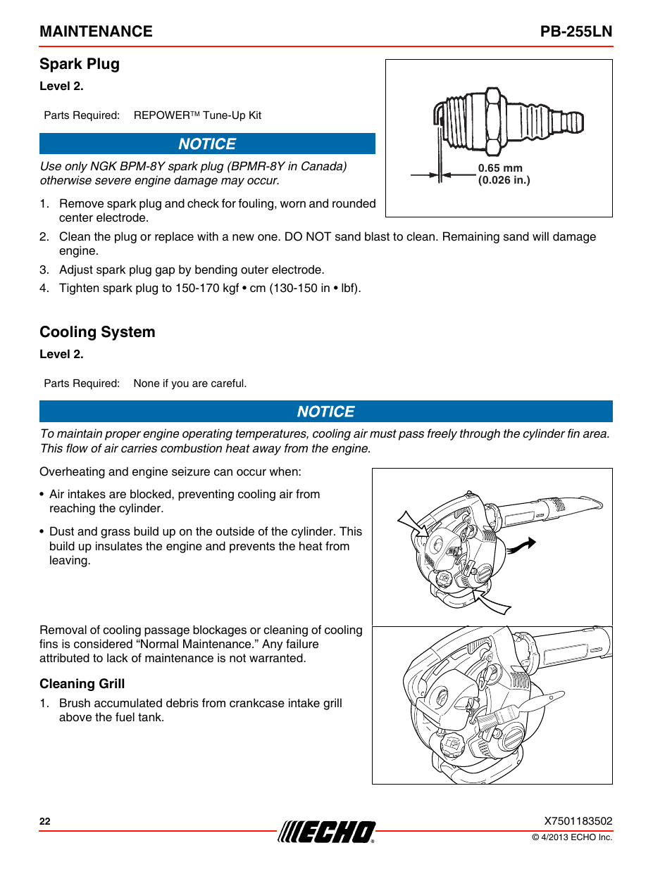 Spark plug, Cooling system, Cleaning grill | Spark plug cooling system, Maintenance pb-255ln spark plug | Echo PB-255LN User Manual | Page 22 / 36