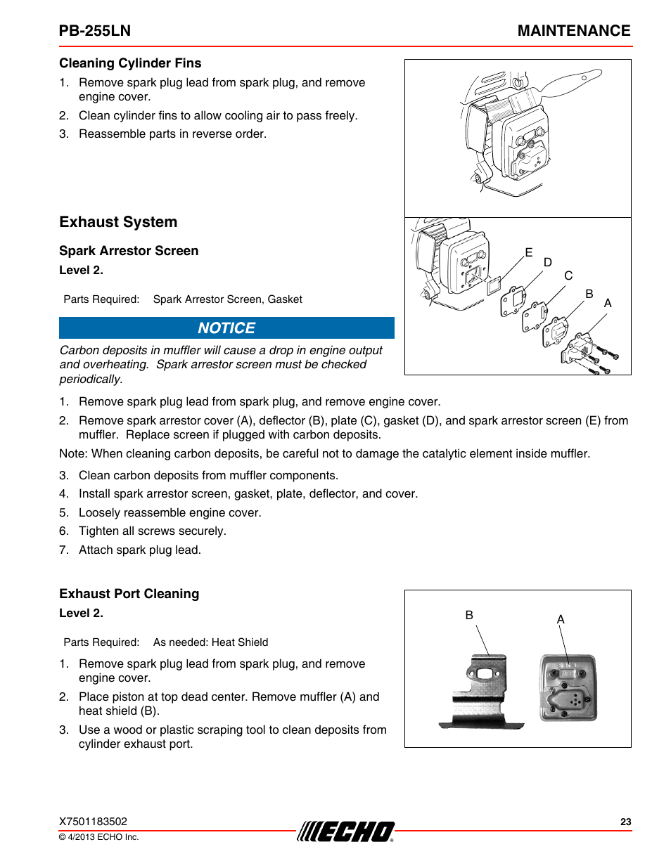Cleaning cylinder fins, Exhaust system, Spark arrestor screen | Exhaust port cleaning, Pb-255ln maintenance | Echo PB-255LN User Manual | Page 23 / 36