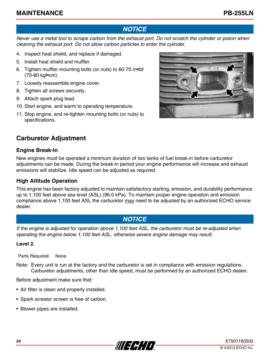 Carburetor adjustment, Engine break-in, High altitude operation | Maintenance pb-255ln | Echo PB-255LN User Manual | Page 24 / 36