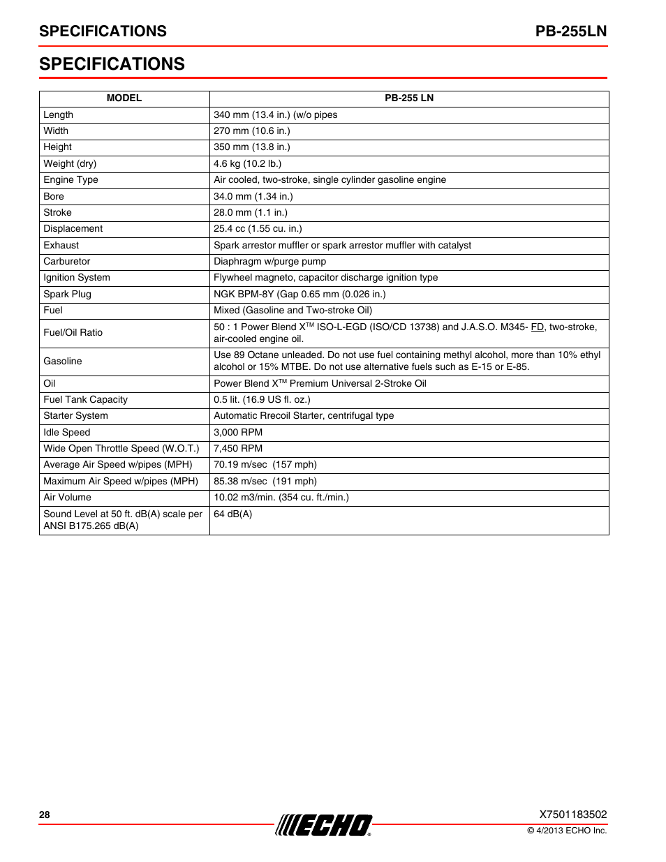 Specifications, Specifications pb-255ln | Echo PB-255LN User Manual | Page 28 / 36