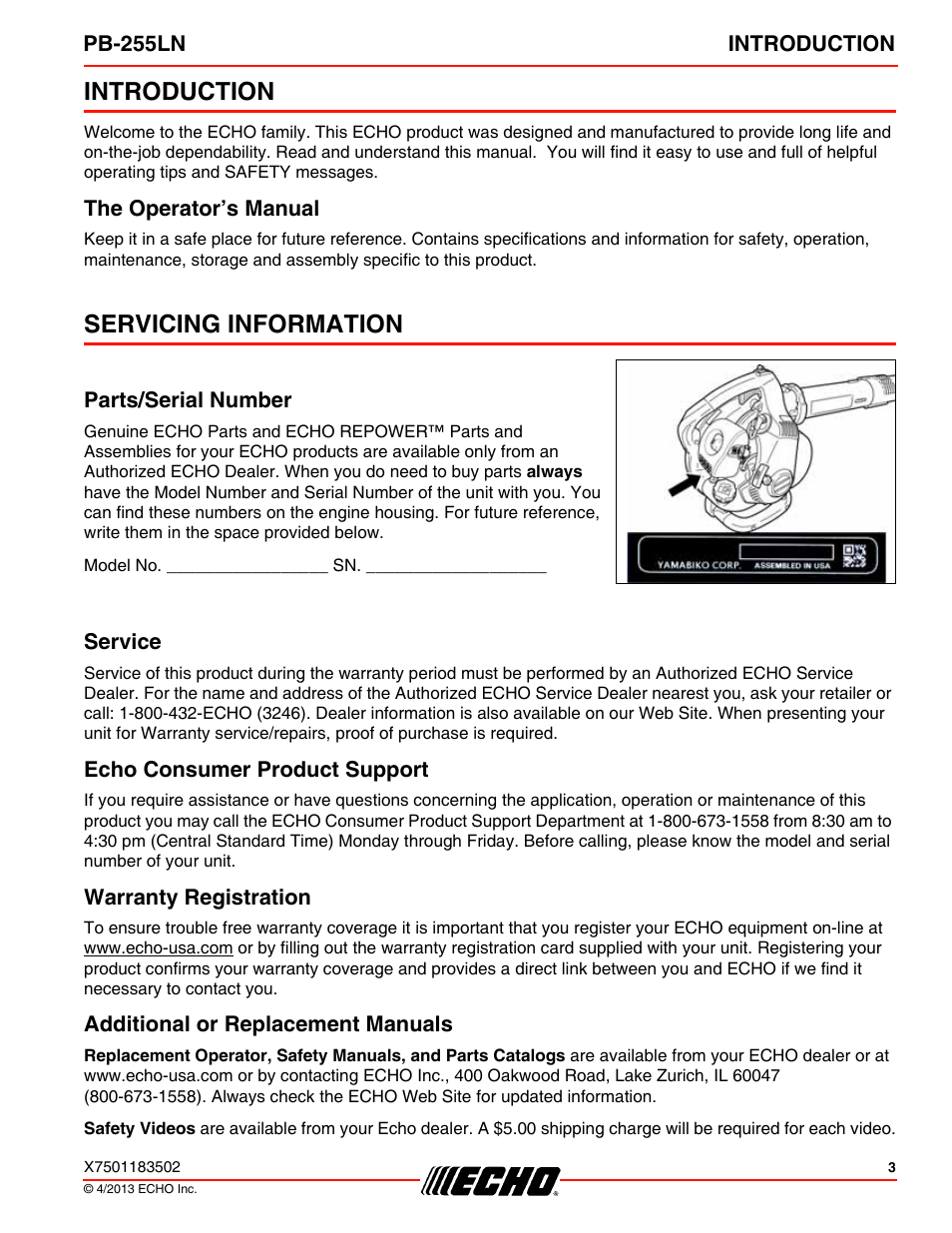 Introduction, The operator’s manual, Servicing information | Parts/serial number, Service, Echo consumer product support, Warranty registration, Additional or replacement manuals | Echo PB-255LN User Manual | Page 3 / 36