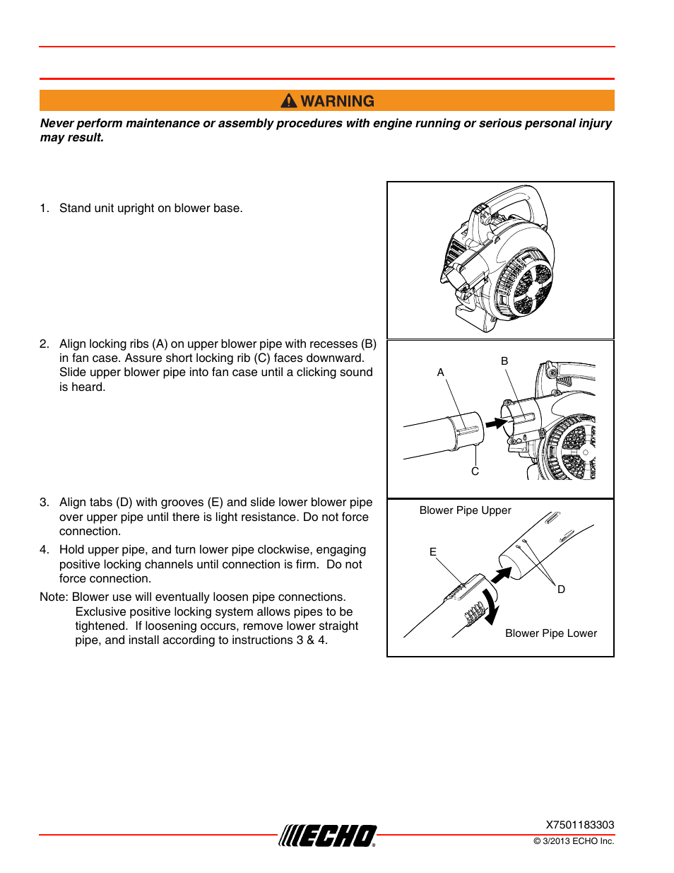 Assembly, Install blower pipes, Assembly pb-250ln | Echo PB-250LN User Manual | Page 12 / 32