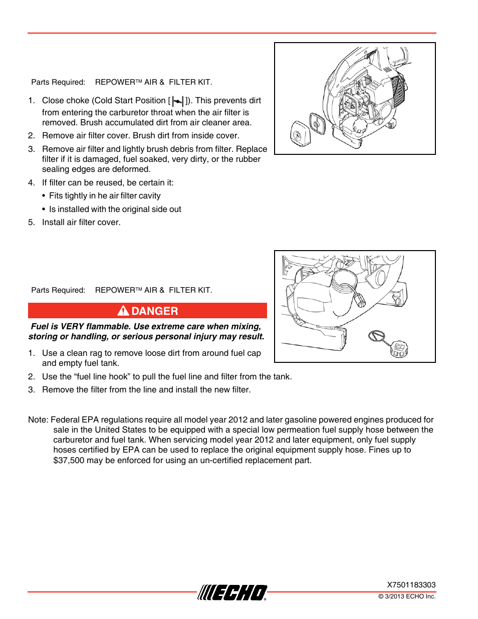 Air filter, Fuel filter, Maintenance pb-250ln air filter | Echo PB-250LN User Manual | Page 20 / 32