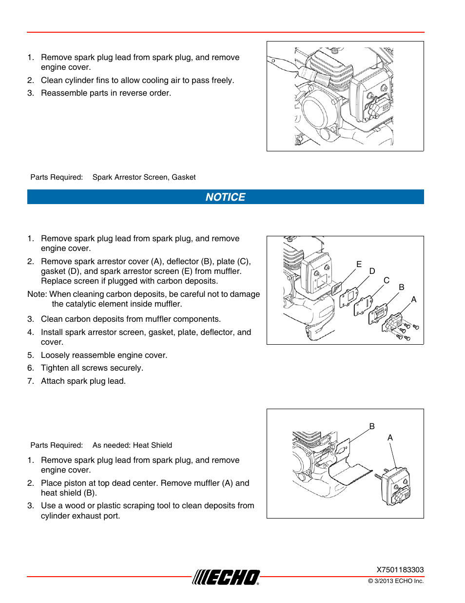 Cleaning cylinder fins, Exhaust system, Spark arrestor screen | Exhaust port cleaning, Maintenance pb-250ln | Echo PB-250LN User Manual | Page 22 / 32