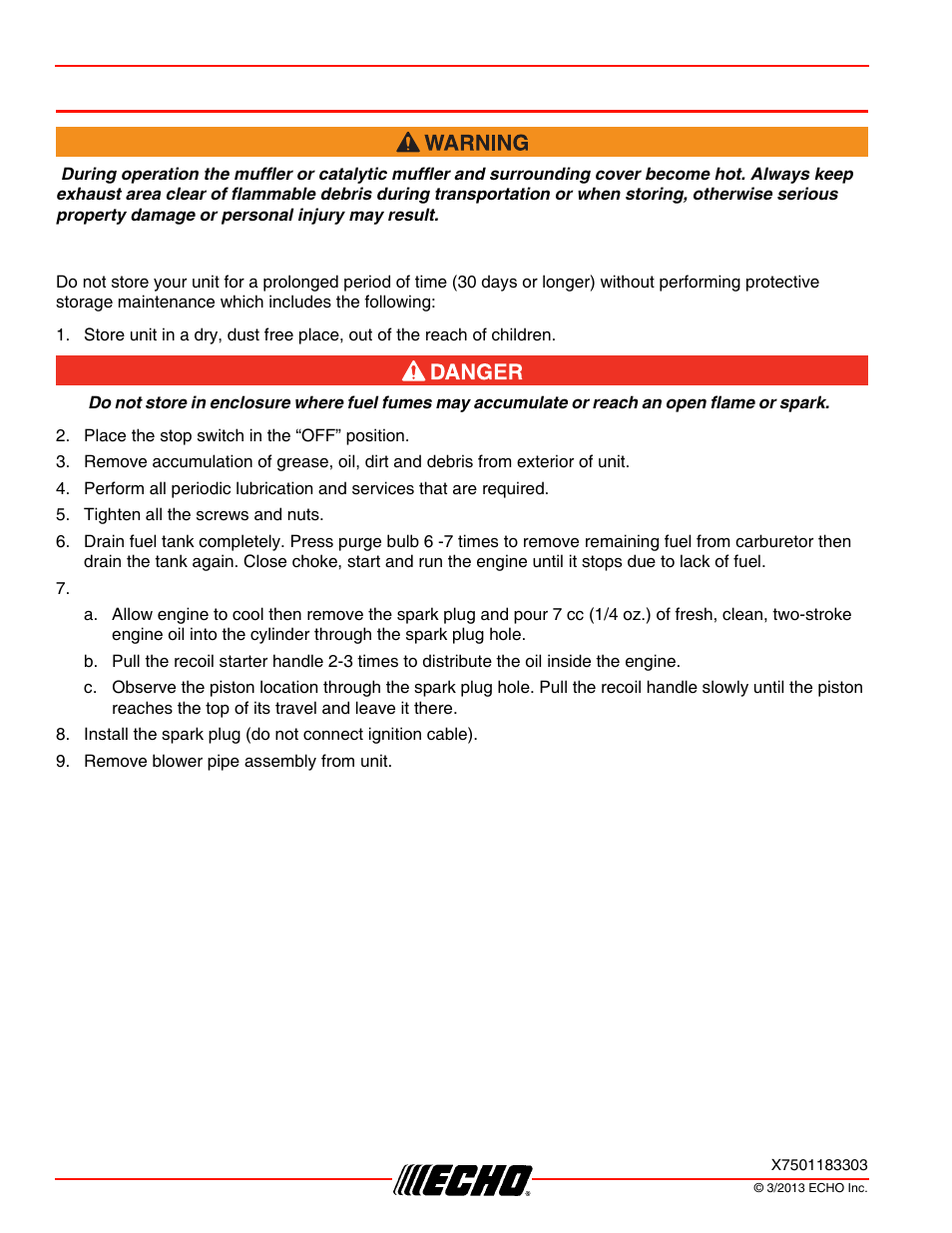 Storage, Long term storage (over 30 days), Storage pb-250ln | Echo PB-250LN User Manual | Page 26 / 32