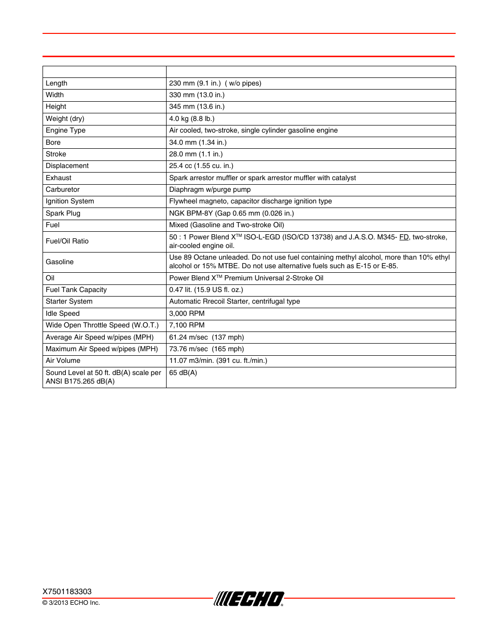 Specifications, Pb-250ln specifications | Echo PB-250LN User Manual | Page 27 / 32