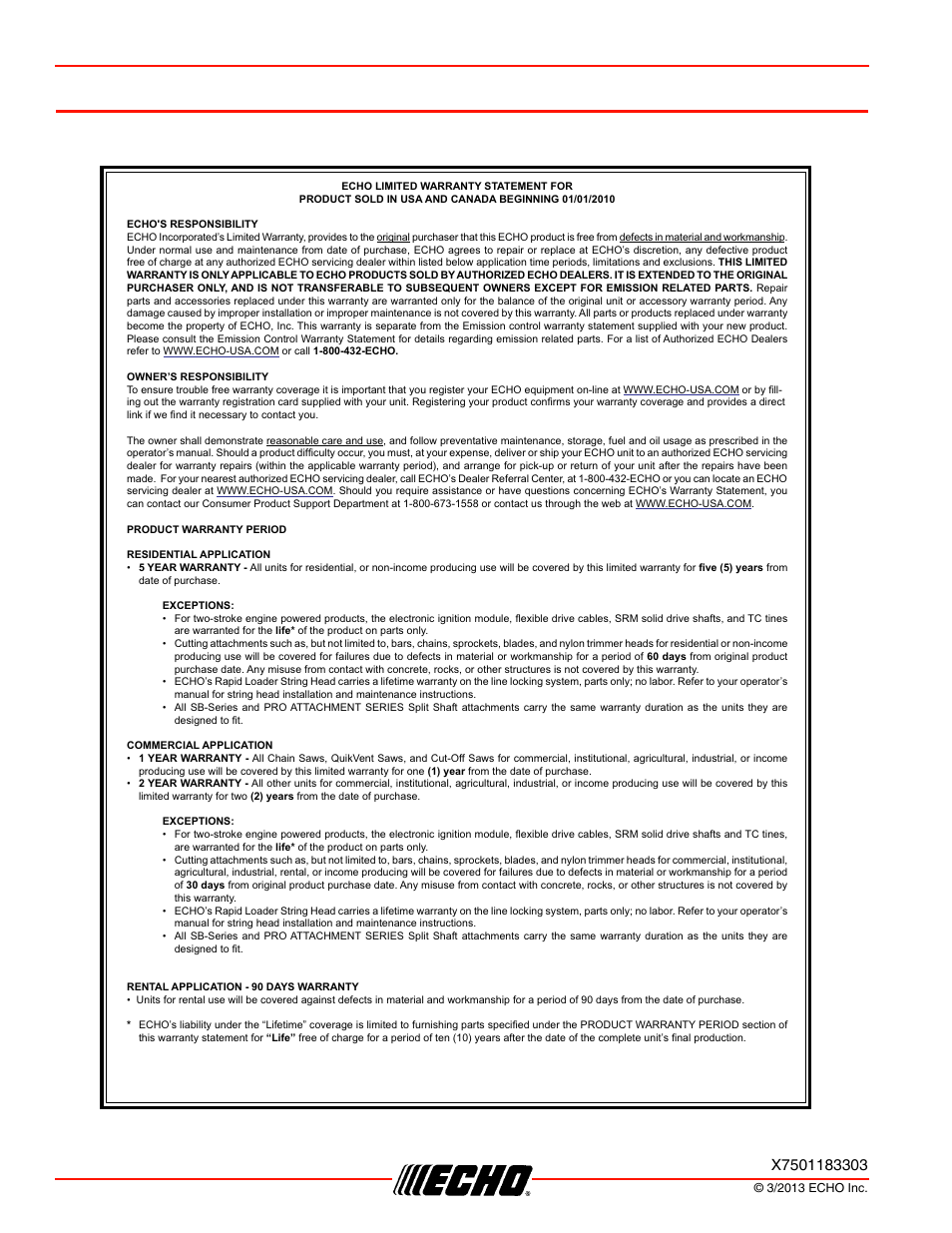 Warranty statements, Warranty statements pb-250ln | Echo PB-250LN User Manual | Page 28 / 32