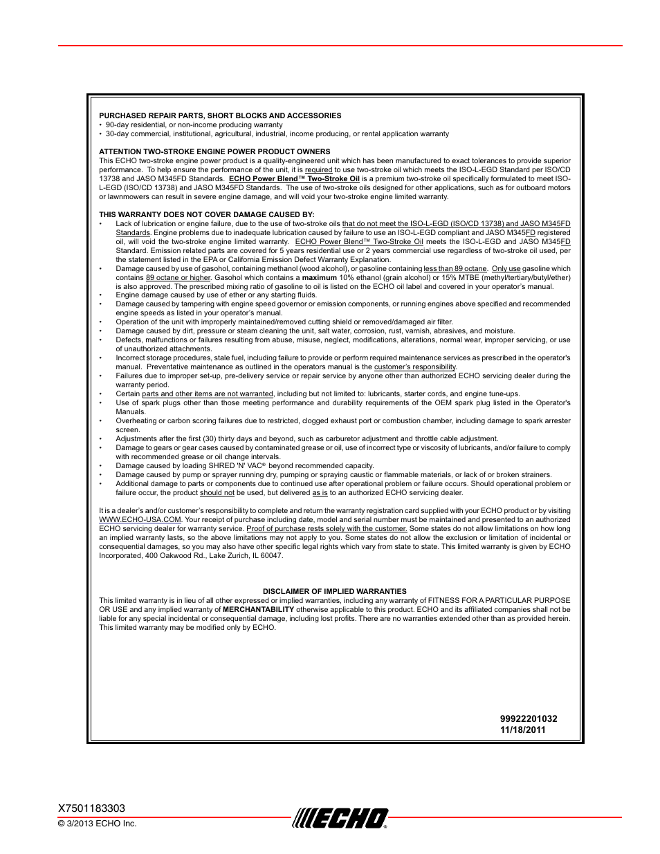 Pb-250ln warranty statements | Echo PB-250LN User Manual | Page 29 / 32