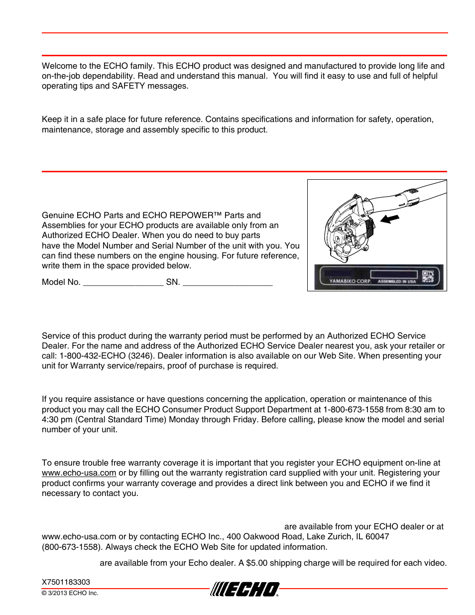 Introduction, The operator’s manual, Servicing information | Parts/serial number, Service, Echo consumer product support, Warranty registration, Additional or replacement manuals | Echo PB-250LN User Manual | Page 3 / 32