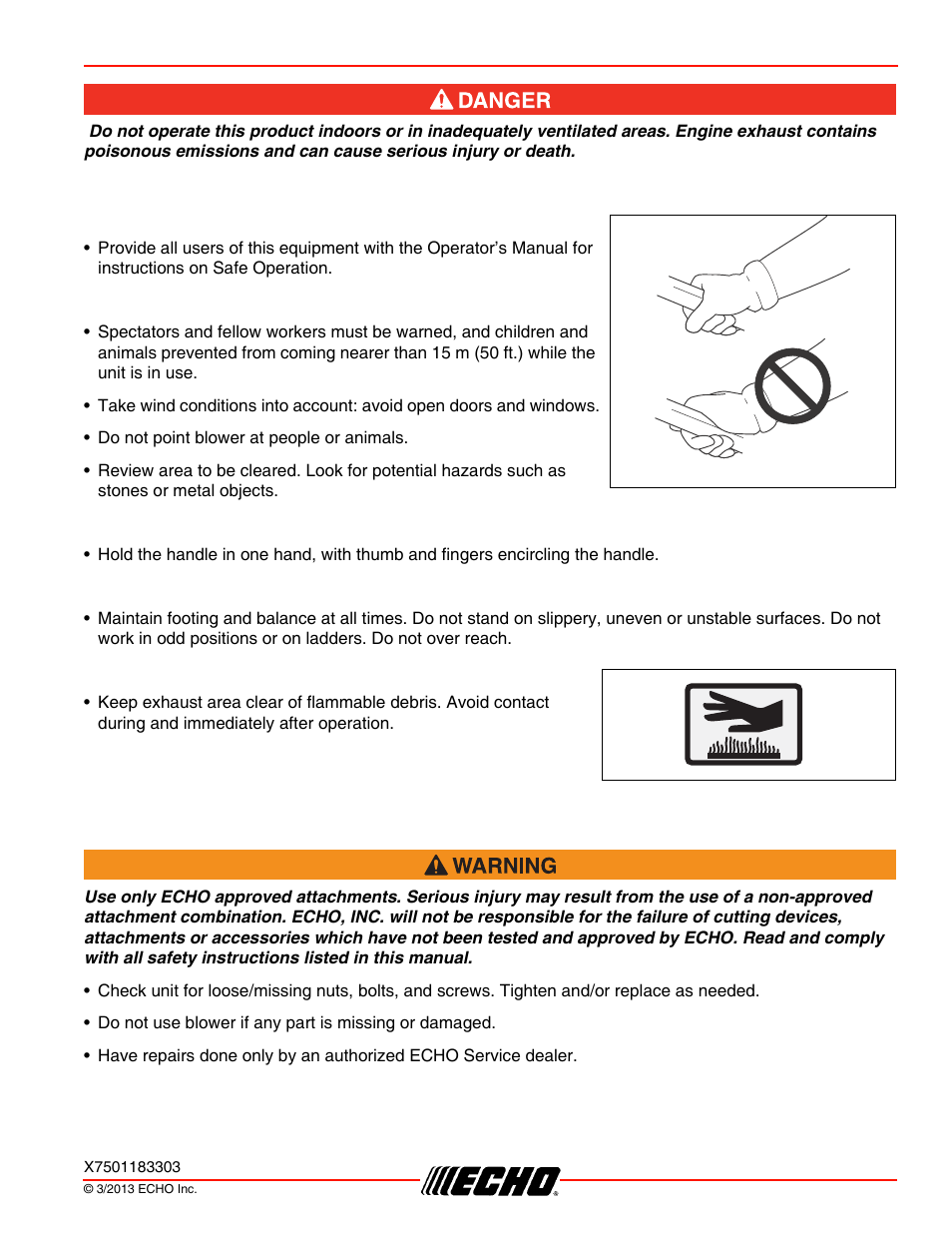 Read the manual, Clear the work area, Keep a firm grip | Keep a solid stance, Avoid hot surfaces, Equipment, Pb-250ln safety | Echo PB-250LN User Manual | Page 7 / 32