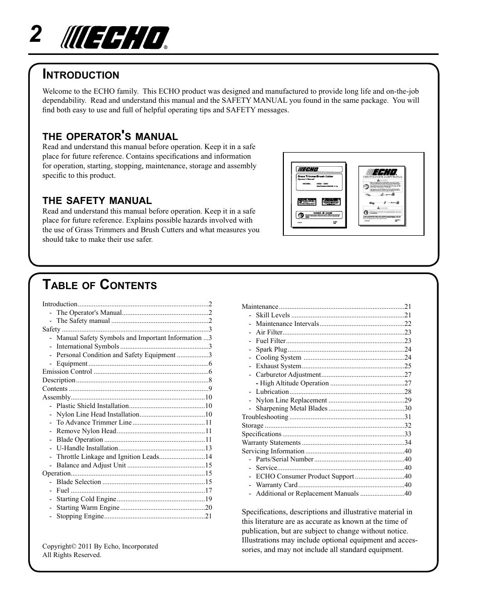 Echo SRM-280U Serial S75012001001 - S75012007706 User Manual | Page 2 / 40