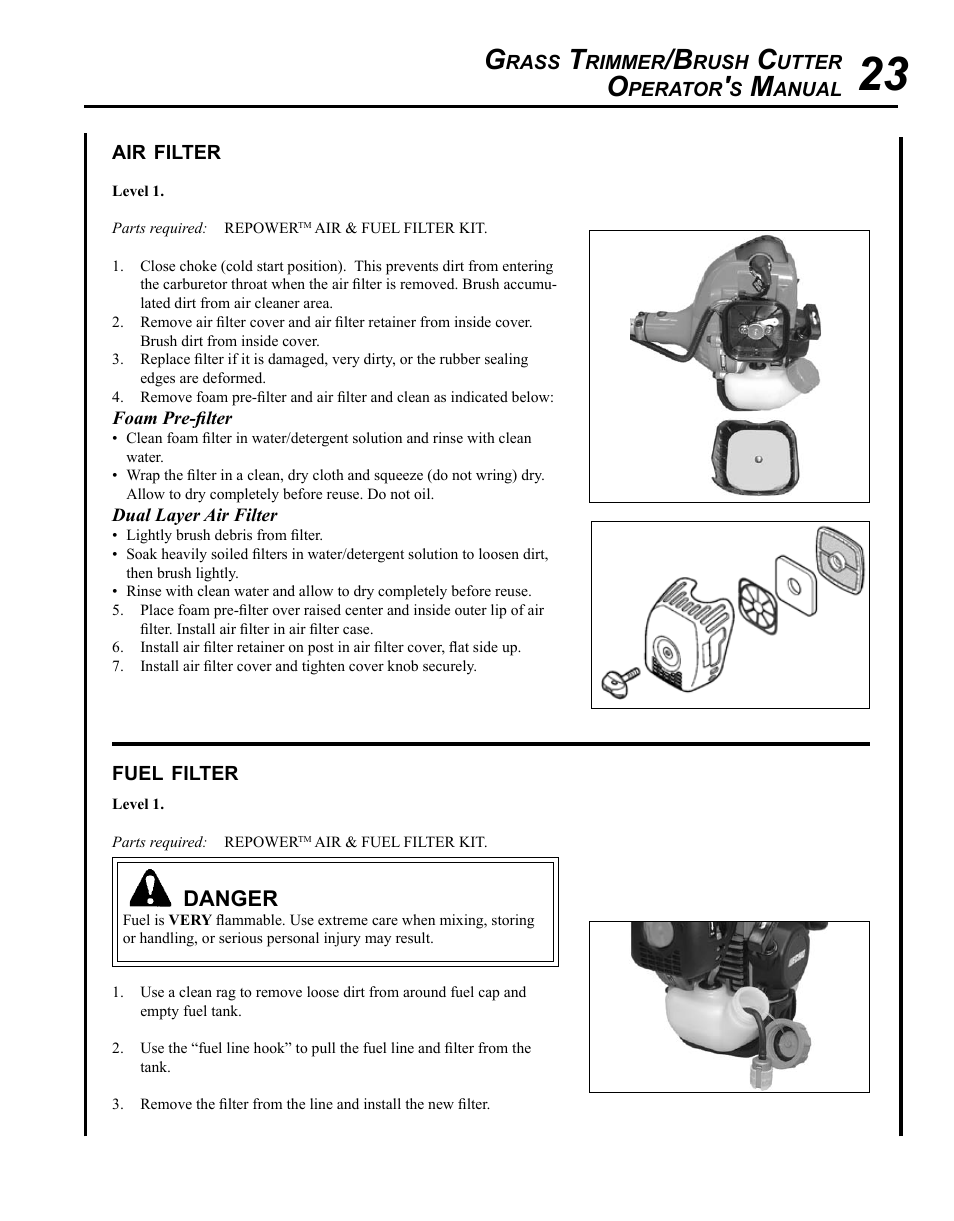 Air filter, Fuel filter | Echo SRM-280U Serial S75012001001 - S75012007706 User Manual | Page 23 / 40