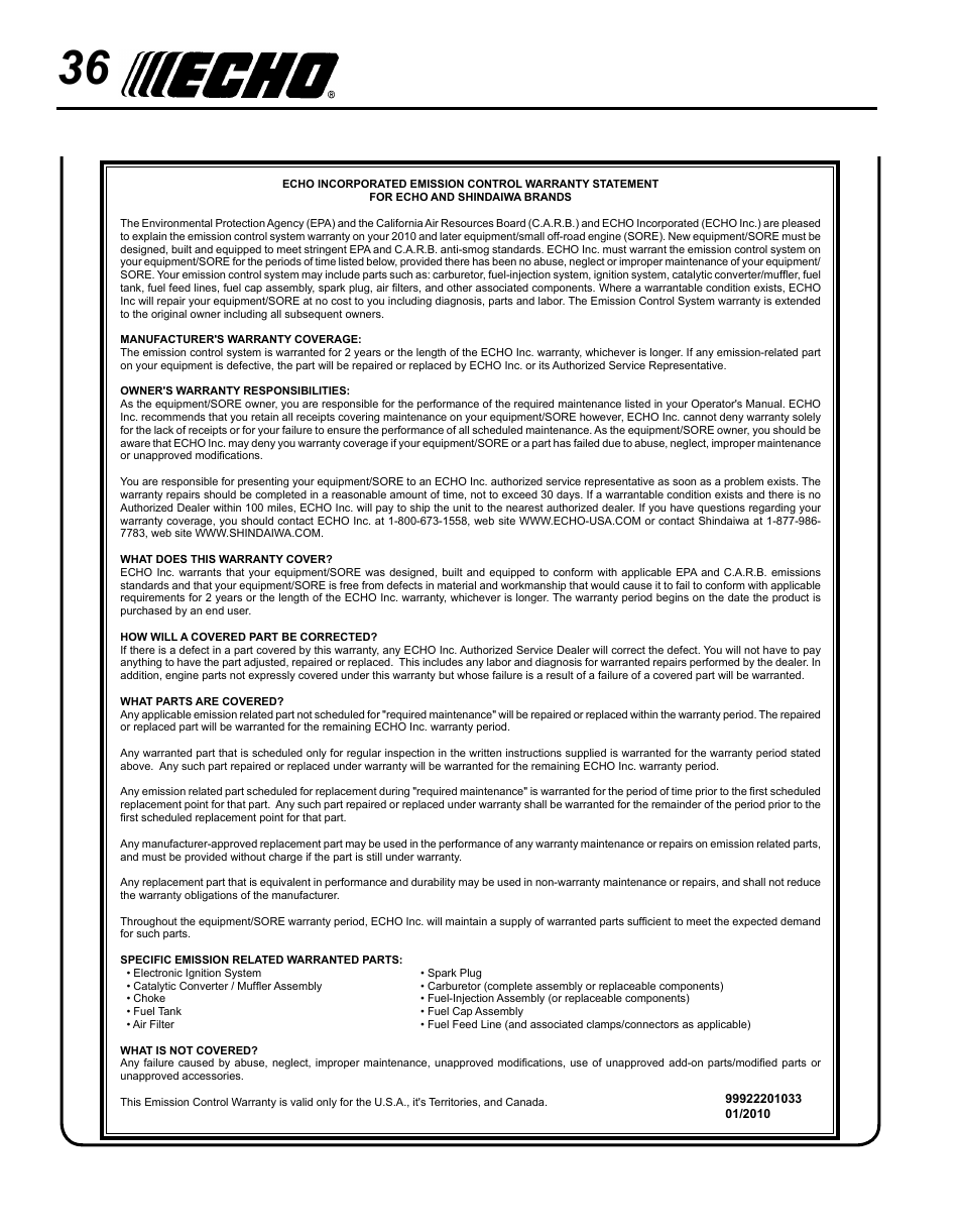 Echo SRM-280U Serial S75012001001 - S75012007706 User Manual | Page 36 / 40