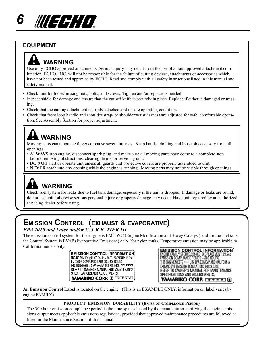 Emission control (exhaust & evaporative) | Echo SRM-280U Serial S75012001001 - S75012007706 User Manual | Page 6 / 40