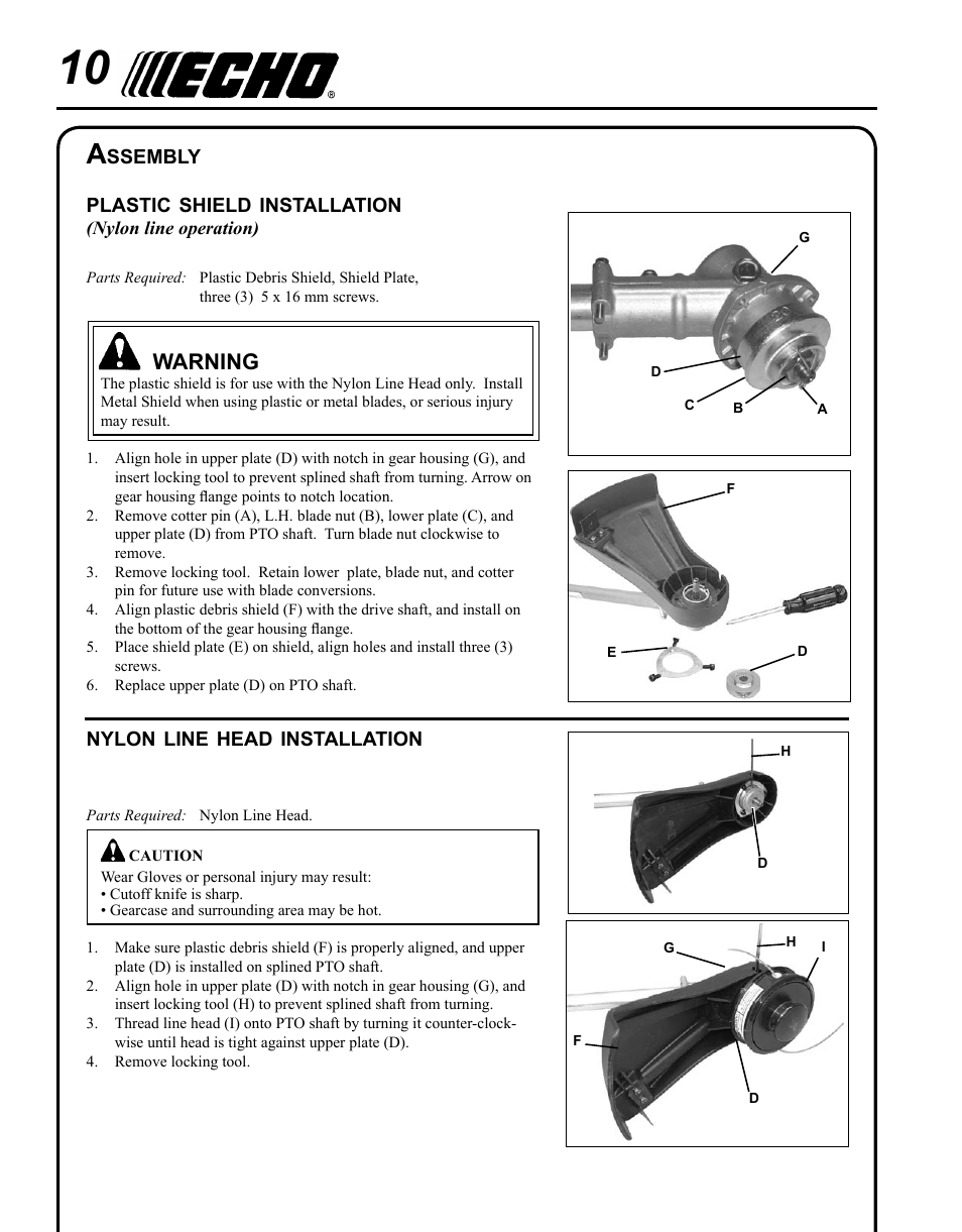 Assembly, Plastic shield installation, Nylon line head installation | Warning | Echo SRM-280U Serial S75012007707 - S75012010175 User Manual | Page 10 / 40