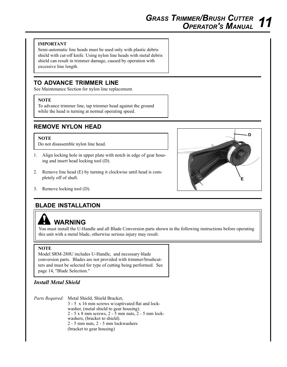 To advance trimmer line, Remove nylon head, Blade installation | Echo SRM-280U Serial S75012007707 - S75012010175 User Manual | Page 11 / 40