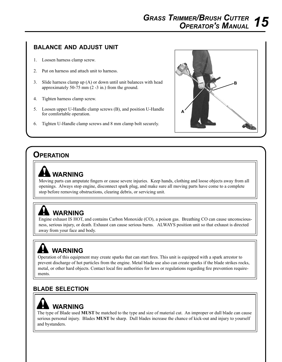 Balance and adjust unit, Operation, Blade selection | Echo SRM-280U Serial S75012007707 - S75012010175 User Manual | Page 15 / 40