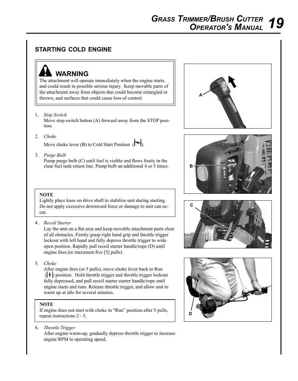 Starting cold engine | Echo SRM-280U Serial S75012007707 - S75012010175 User Manual | Page 19 / 40