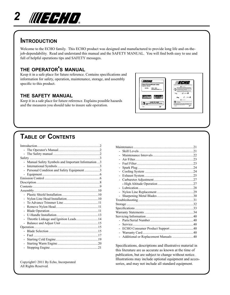 Echo SRM-280U Serial S75012007707 - S75012010175 User Manual | Page 2 / 40
