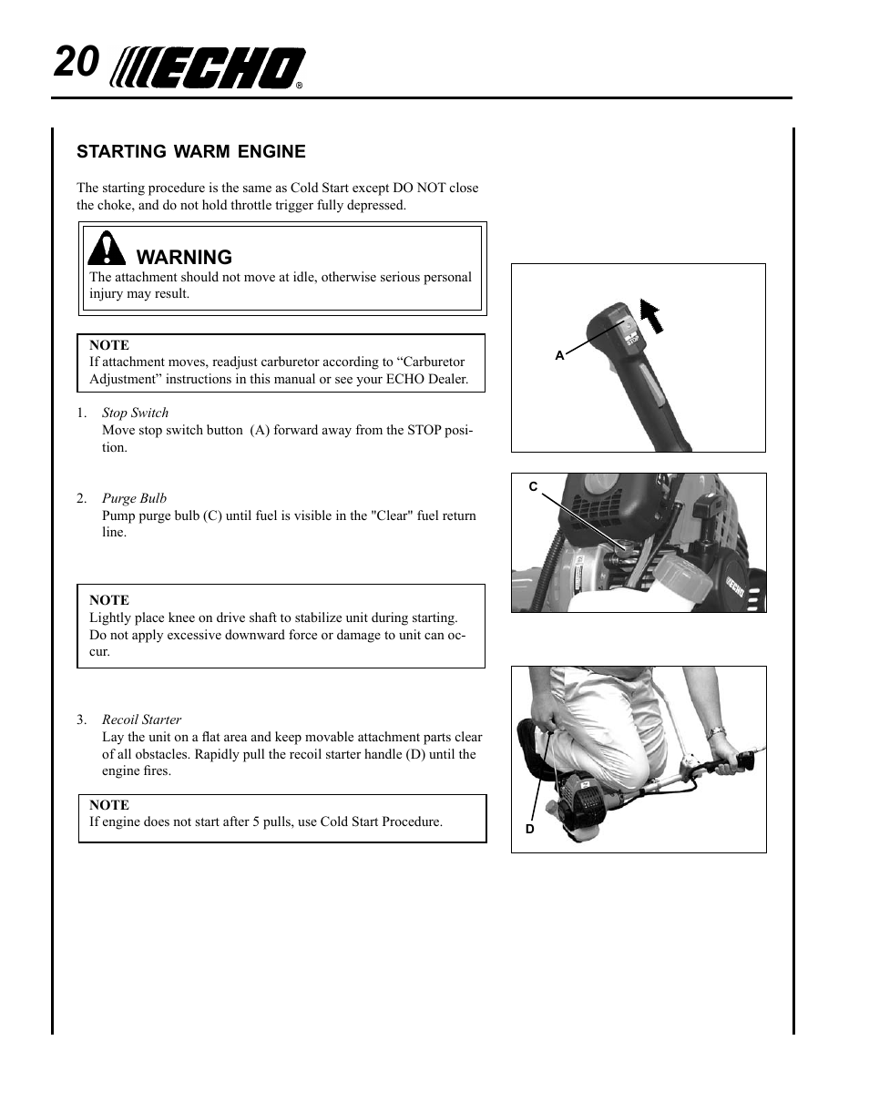 Starting warm engine, Warning | Echo SRM-280U Serial S75012007707 - S75012010175 User Manual | Page 20 / 40