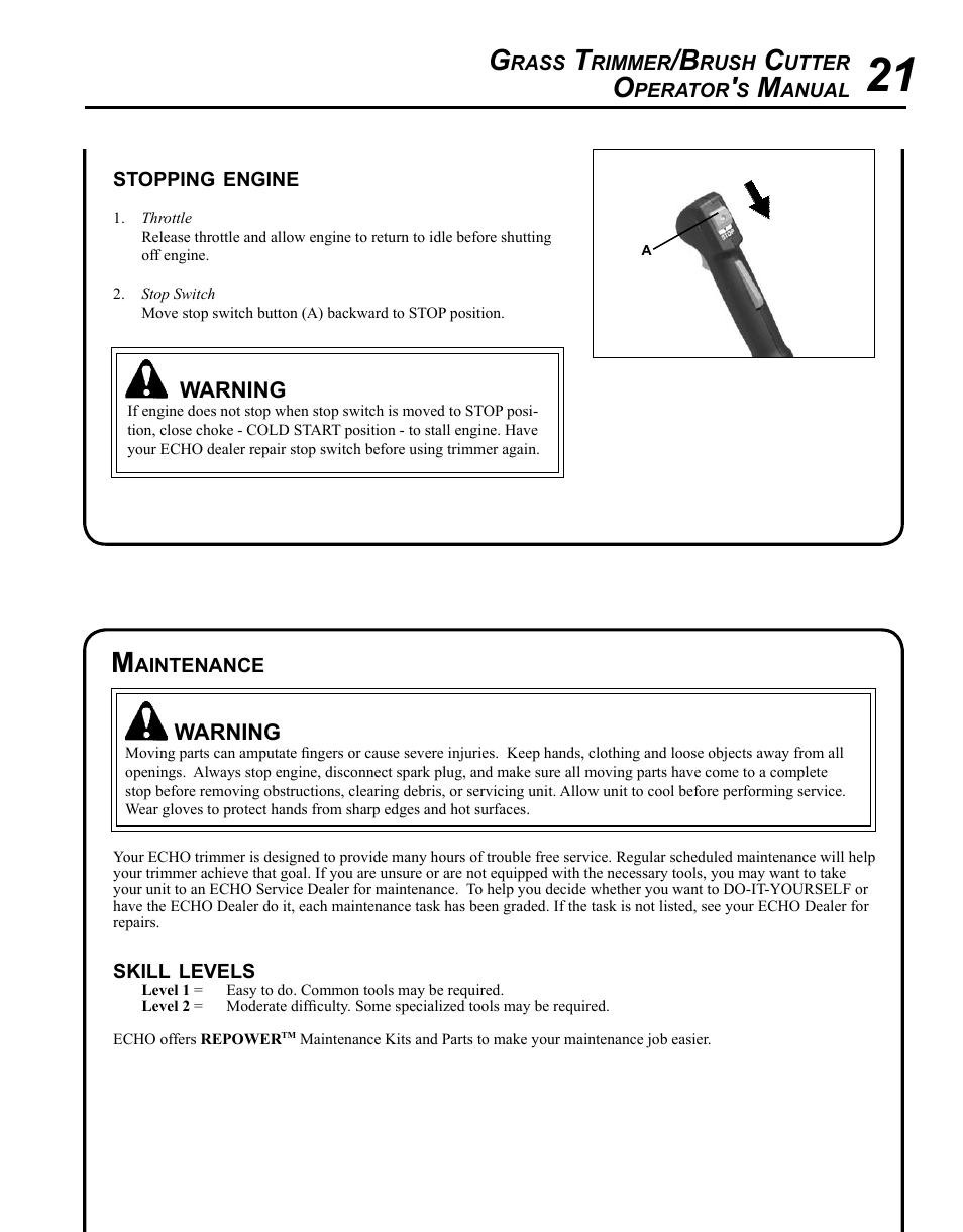 Stopping engine, Maintenance | Echo SRM-280U Serial S75012007707 - S75012010175 User Manual | Page 21 / 40