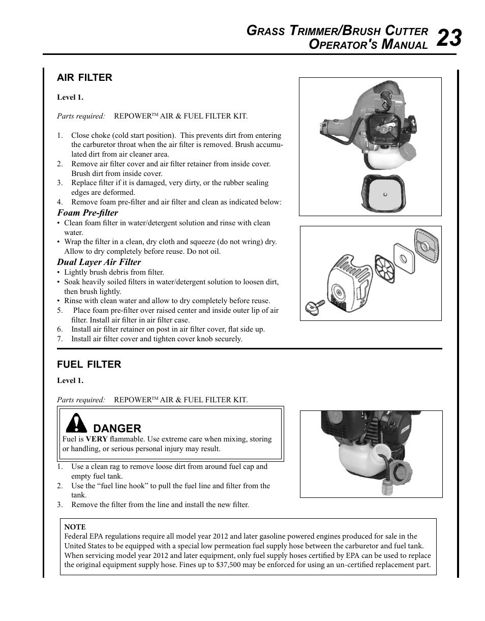 Air filter, Fuel filter | Echo SRM-280U Serial S75012007707 - S75012010175 User Manual | Page 23 / 40